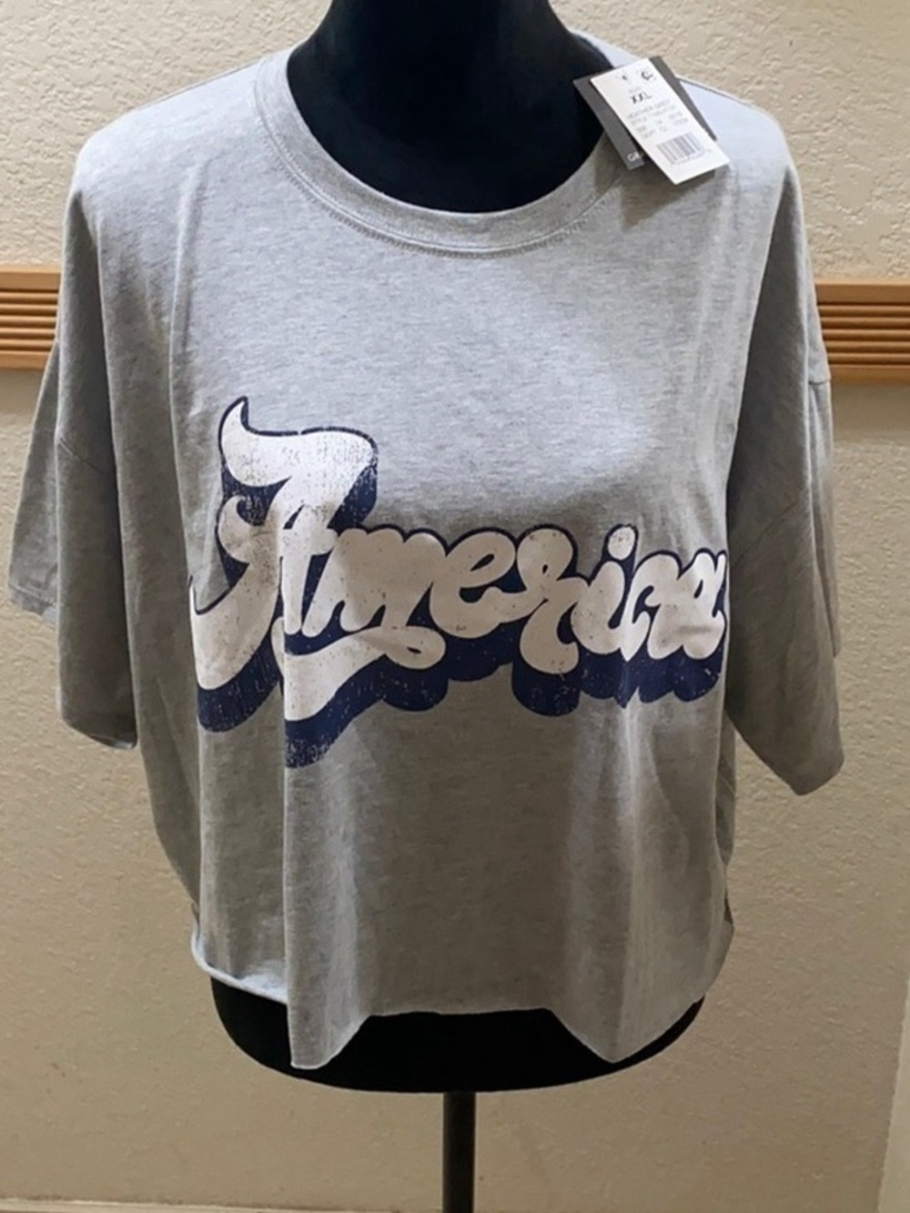 Grayson Threads Grey Crop Tee with Navy & White 'America' Script